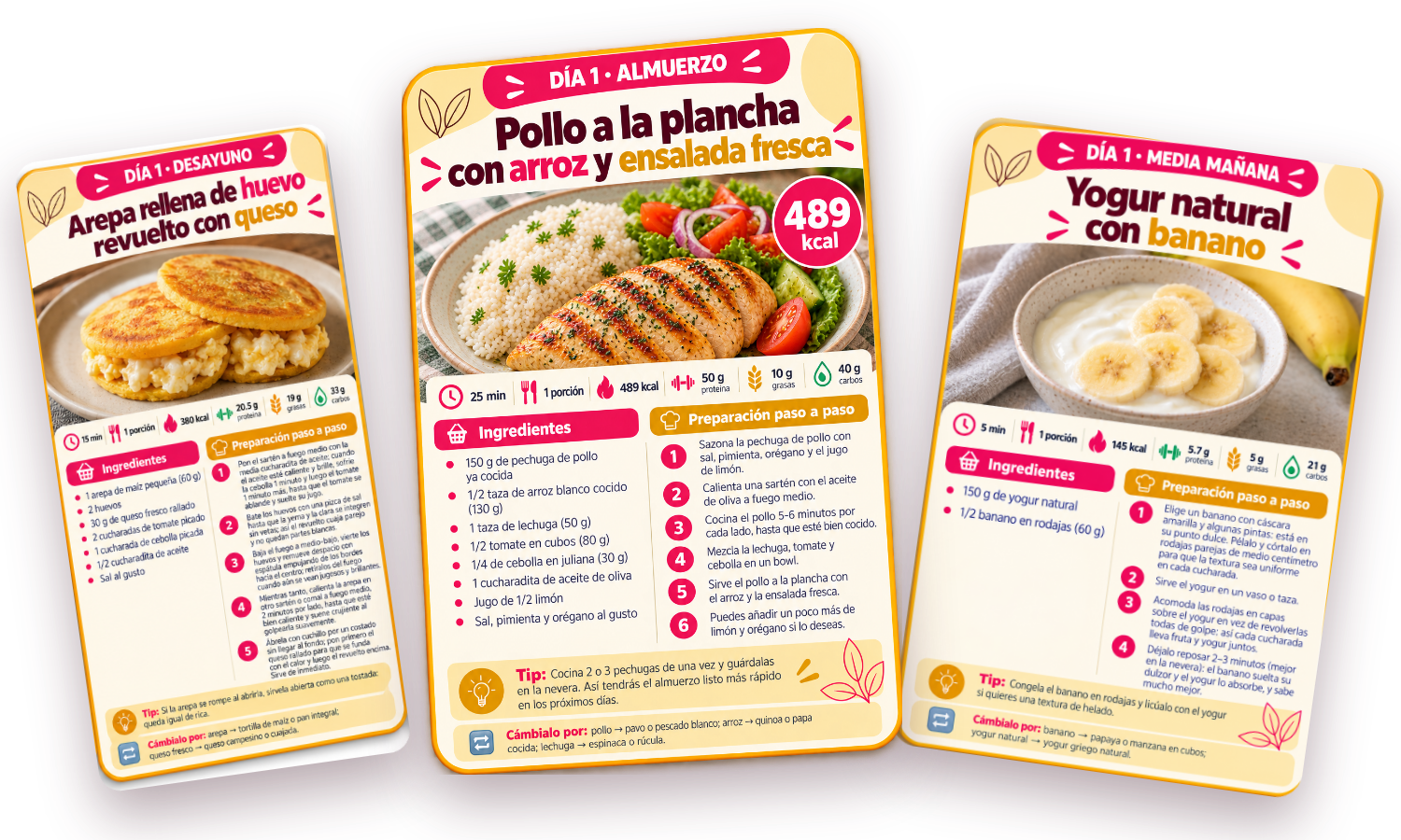 Recetas del Día 1: desayuno, almuerzo y media mañana con foto, calorías y preparación
